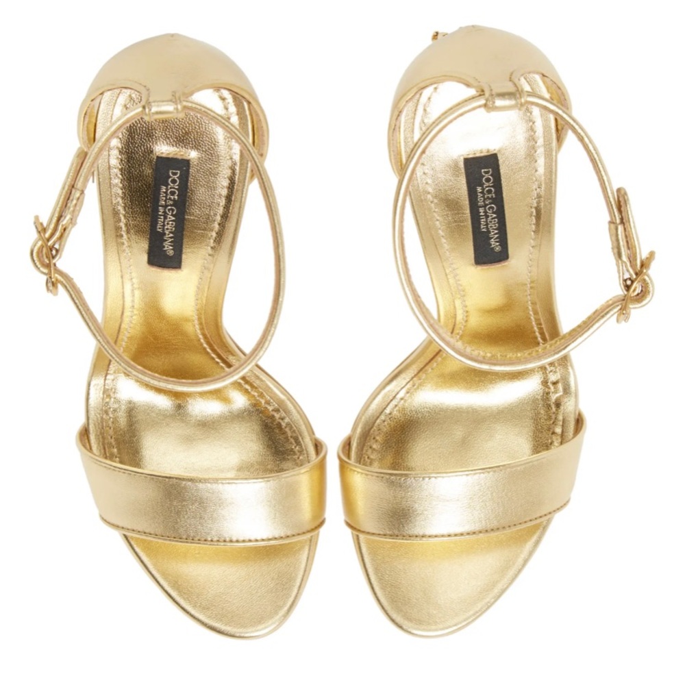 Dolce & Gabbana Gold Metallic Ankle-Strap Sandals with Decorative Logo Heel - Picture 9 of 11